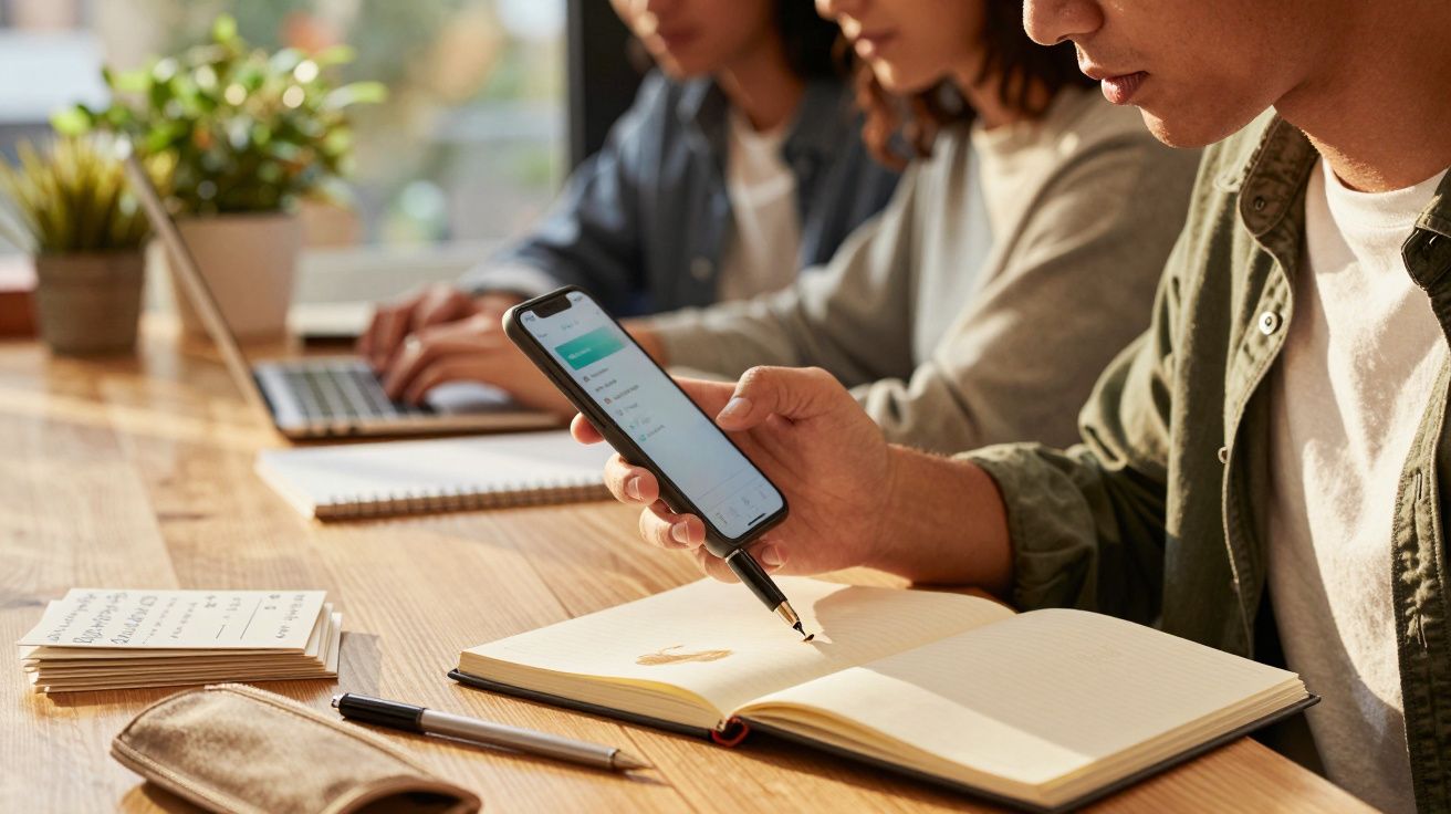 Três pessoas a estudar numa mesa com cadernos, portátil e smartphone.