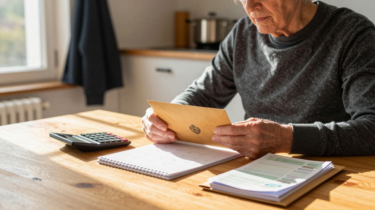 Idoso sentado à mesa lendo uma carta, com bloco de notas, documentos e calculadora em cima da madeira.