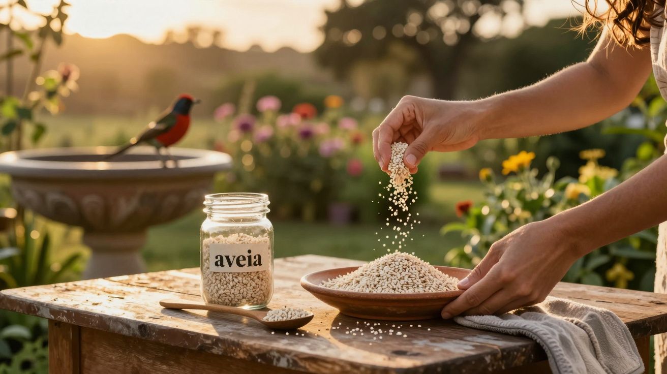 Pessoa adiciona aveia a prato num jardim ao pôr do sol, com um pássaro no fundo.