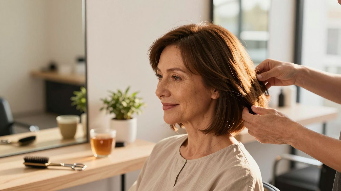 Mulher sorridente no cabeleireiro com cabelo castanho curto sendo arranjado.