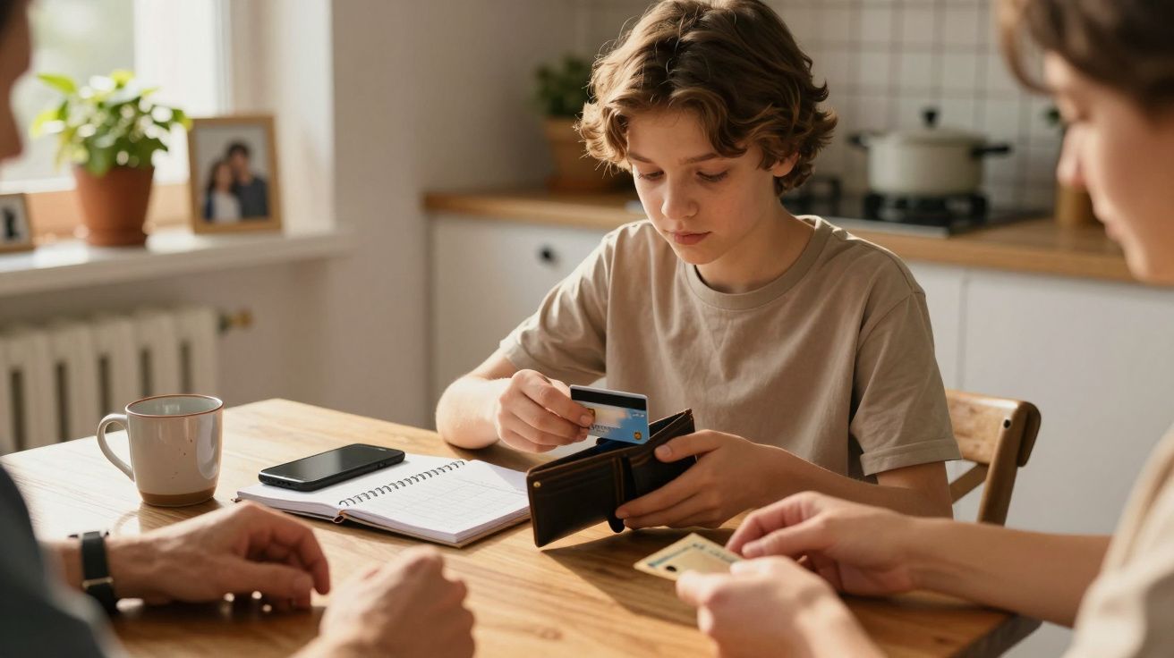 Adolescente sentado à mesa, segurando uma carteira com cartões. Duas pessoas próximas, uma agenda e um telemóvel na mesa.