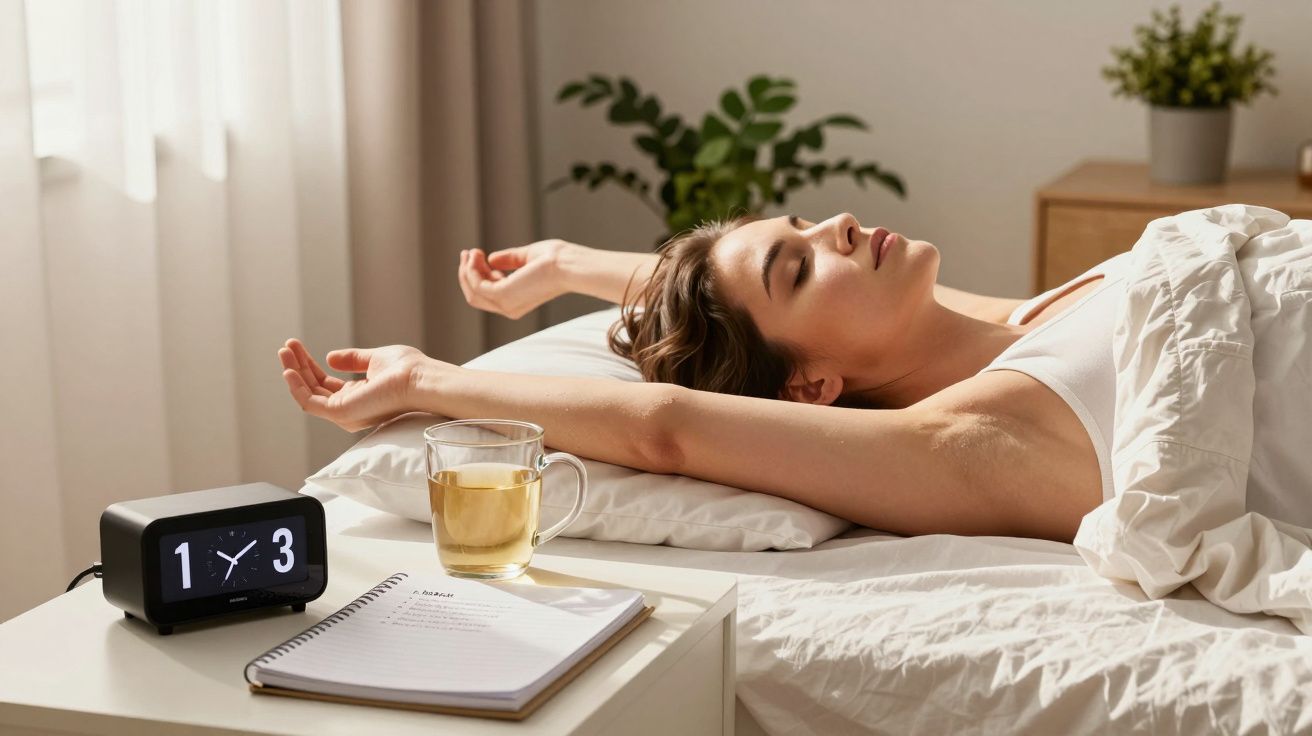 Mulher a dormir numa cama, com um despertador digital marcando 7:30, chá e bloco de notas na mesa ao lado.