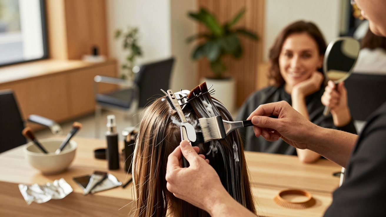Cabeleireiro aplica tinta no cabelo de cliente usando pincel enquanto outra mulher sorri ao fundo, num salão moderno.