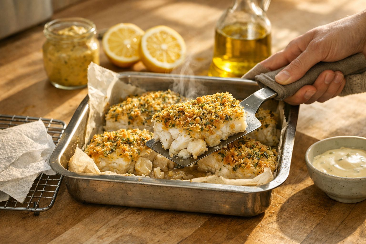 Quatro filetes de peixe em crosta dourada numa travessa, uma mão segura um garfo, com limões e molho ao fundo.