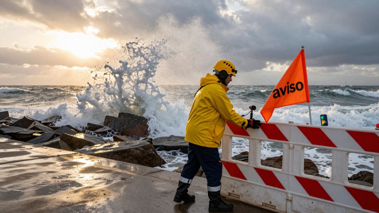 Homem de capacete e impermeável amarelo junto ao mar agitado, com bandeira de aviso laranja.