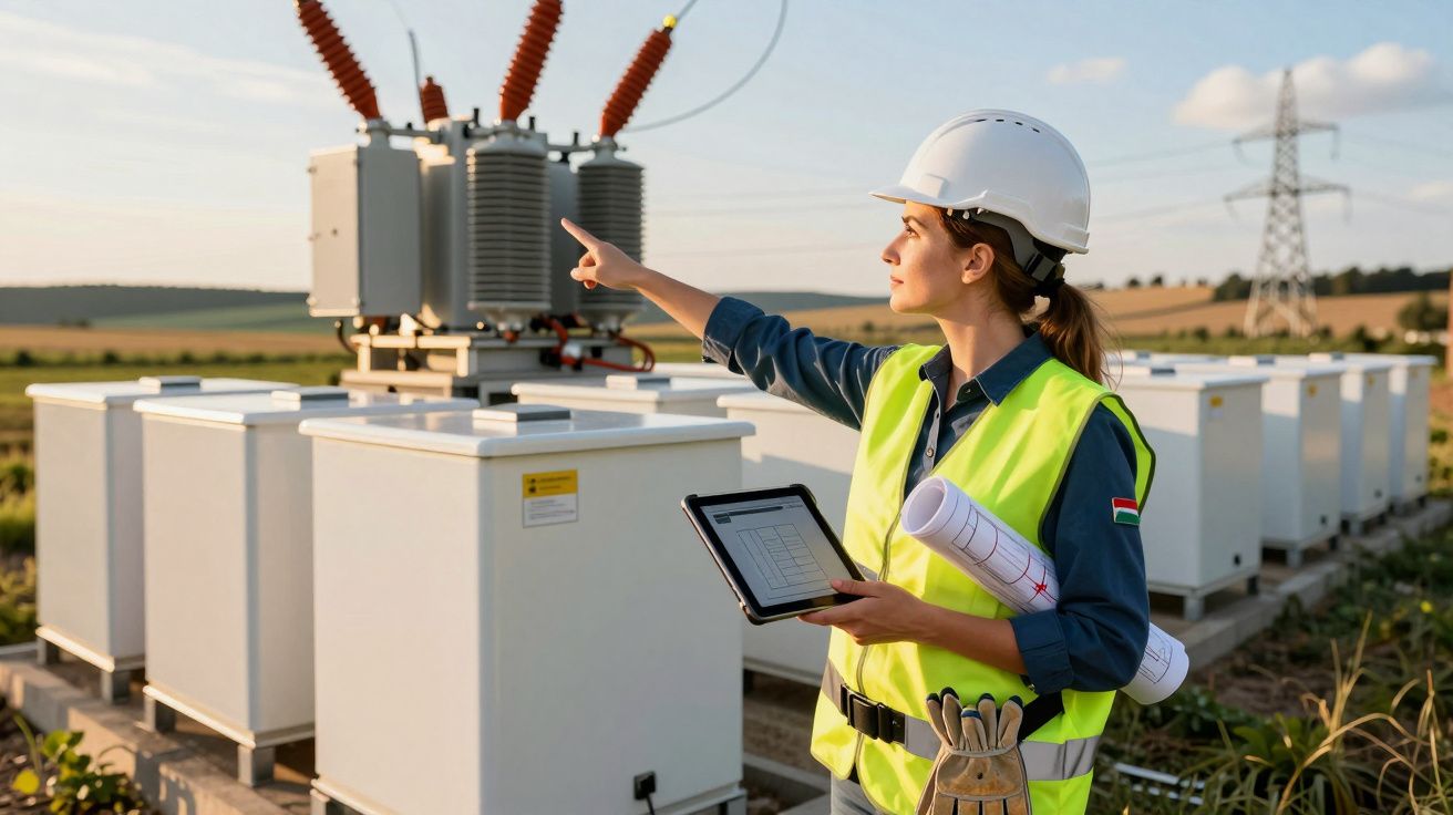 Engenheira de capacete e colete reflete, segura tablet e aponta para equipamento elétrico ao ar livre.