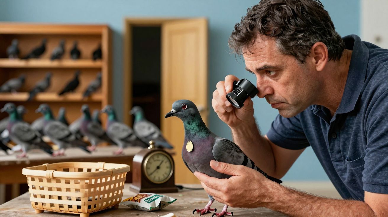 Homem observa pombo com lupa sobre mesa com objetos e outros pombos ao fundo.