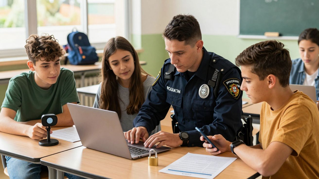 Polícia a ajudar estudantes numa sala de aula com um computador portátil, papéis e um cadeado sobre a mesa.