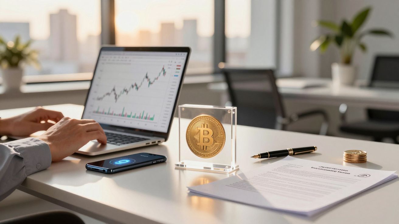 Pessoa a trabalhar no portátil com gráfico de ações, moeda Bitcoin em destaque sobre a mesa, documentos e caneta ao lado.