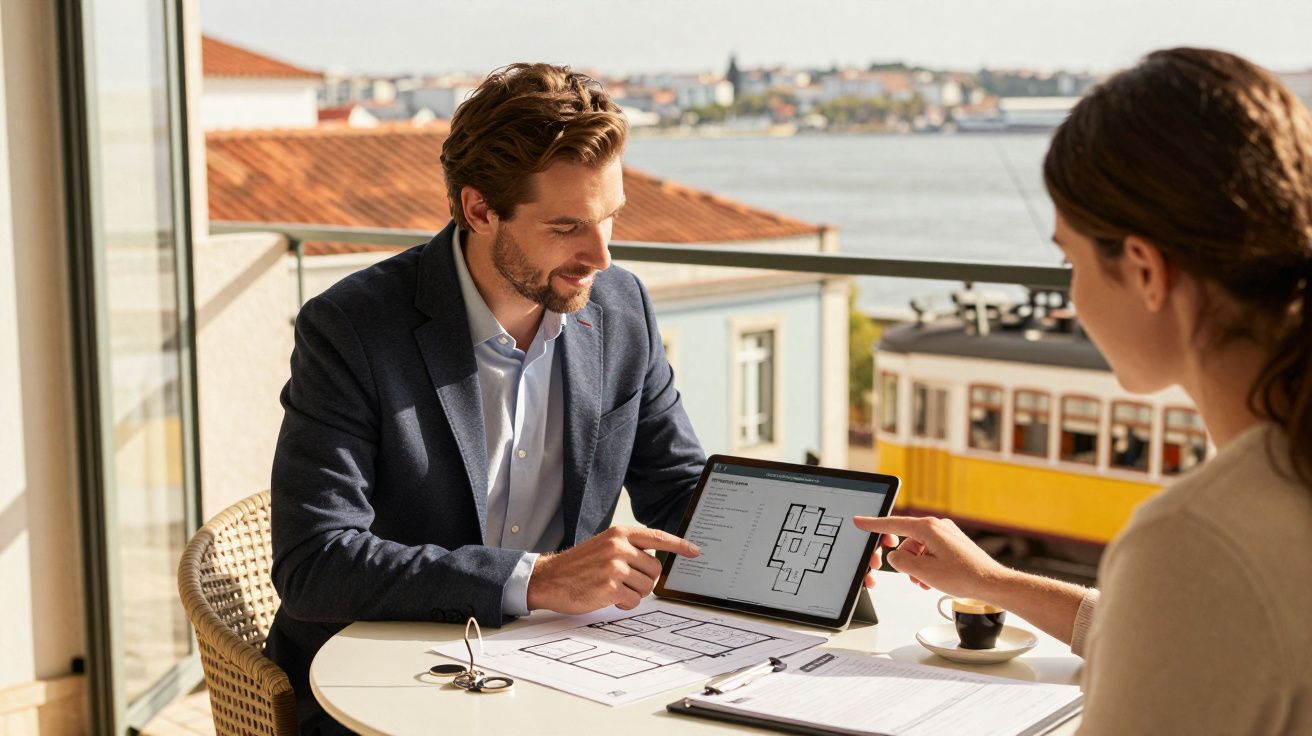 Duas pessoas discutem projetos num tablet em varanda com vista para o rio e elétrico amarelo ao fundo.