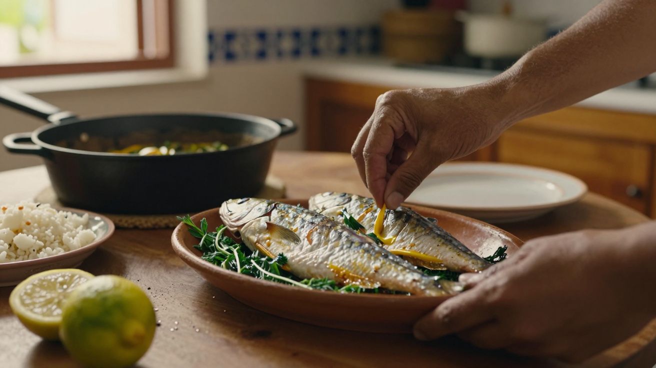 Pessoa a preparar peixe grelhado com limão numa cozinha, ao lado de arroz e panela ao fundo.