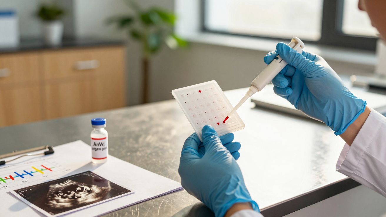 Cientista de luvas azuis usa pipeta para adicionar líquido a uma placa de teste em laboratório iluminado com janela.