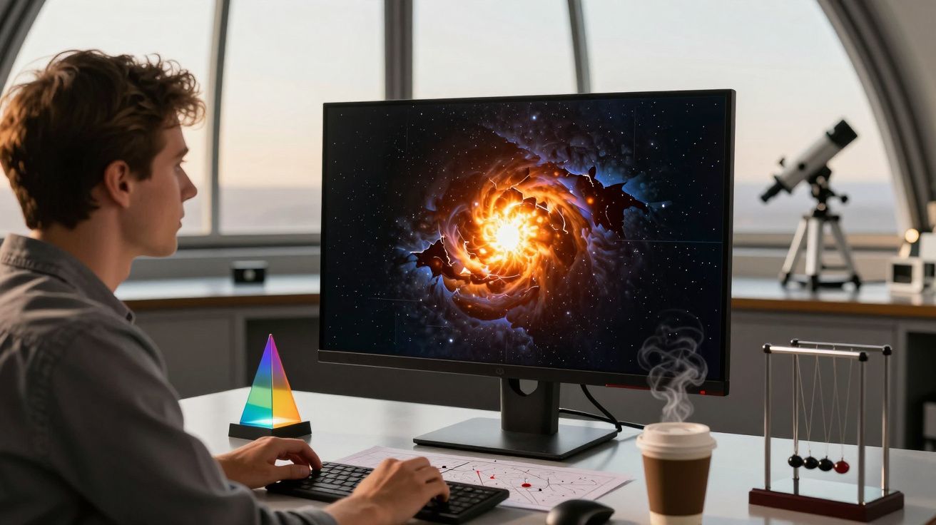 Homem a trabalhar num computador com imagem de galáxia no ecrã. Telescópio ao fundo e café ao lado.
