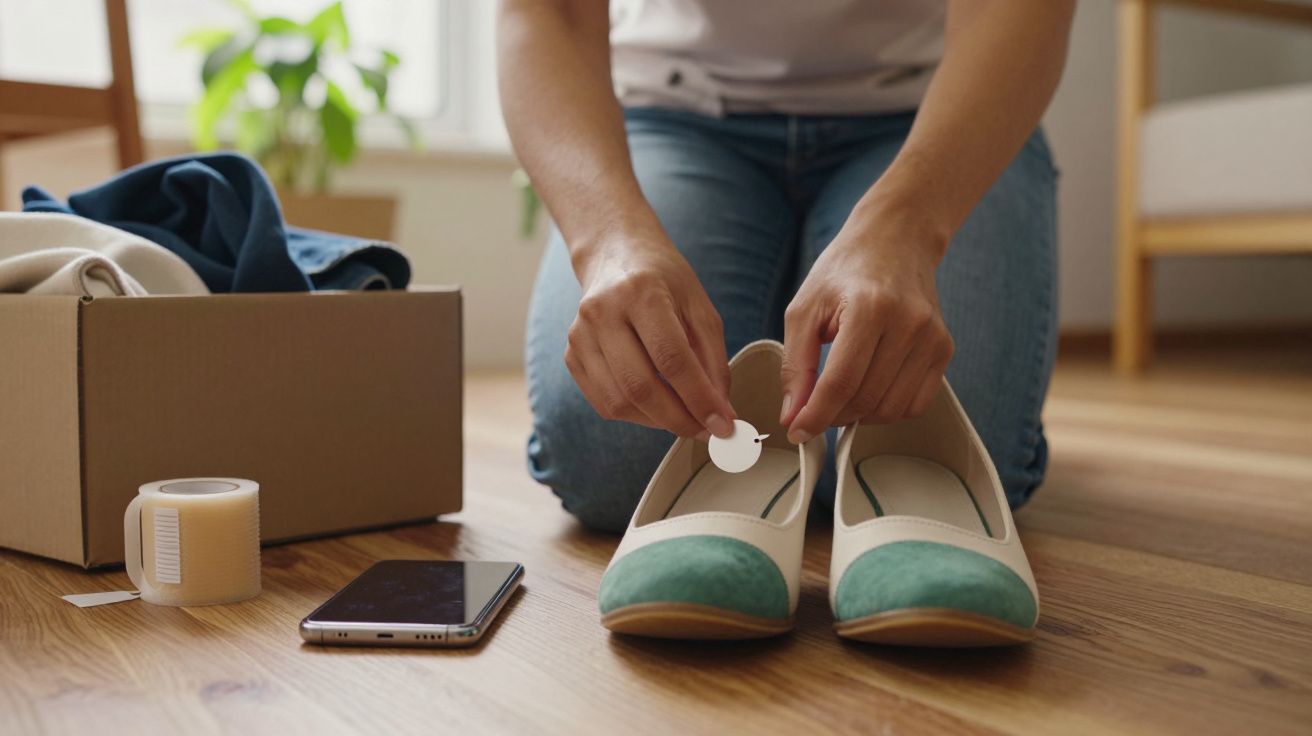 Pessoa a colocar etiqueta branca num sapato, ao lado de caixa de cartão e telemóvel.