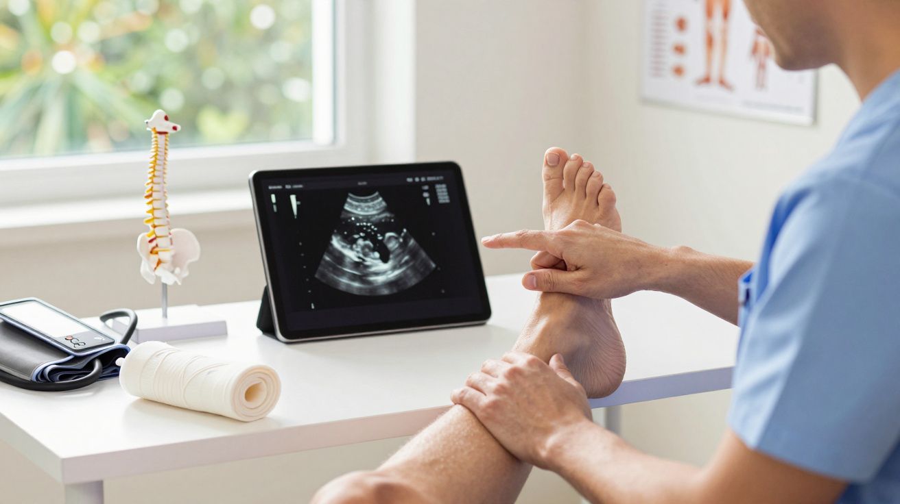 Médico examina pé na clínica, com ultrassom num tablet e equipamento médico na mesa ao lado.