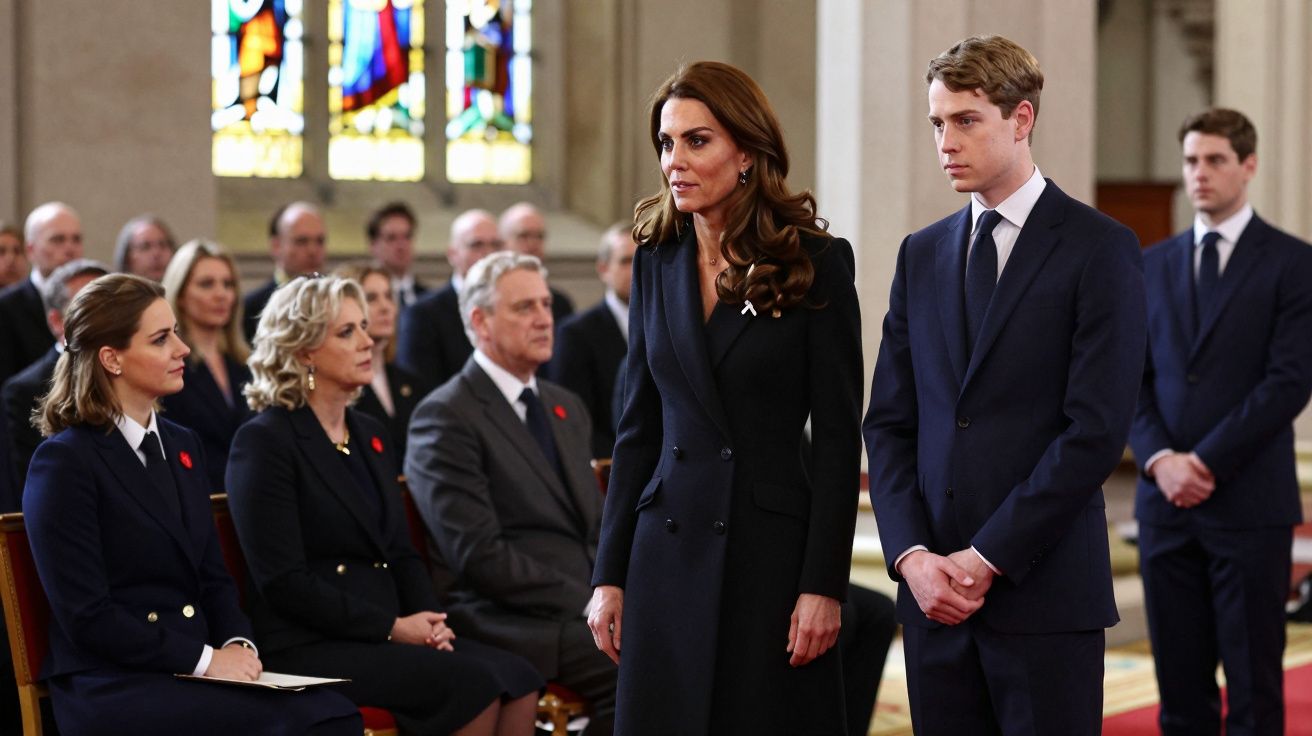 Cerimónia formal com pessoas em trajes formais, em pé e sentados, em ambiente religioso com vitrais coloridos.