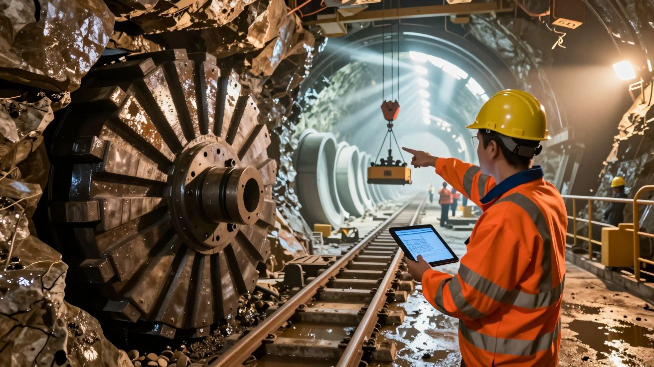Trabalhador de capacete e colete laranja aponta em túnel de construção, segurando tablet perto de máquina grande.