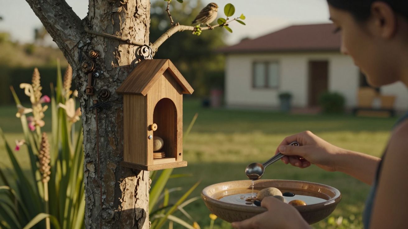 Pessoa colocando comida num comedouro para pássaros numa árvore, com um pássaro pousado num ramo próximo.