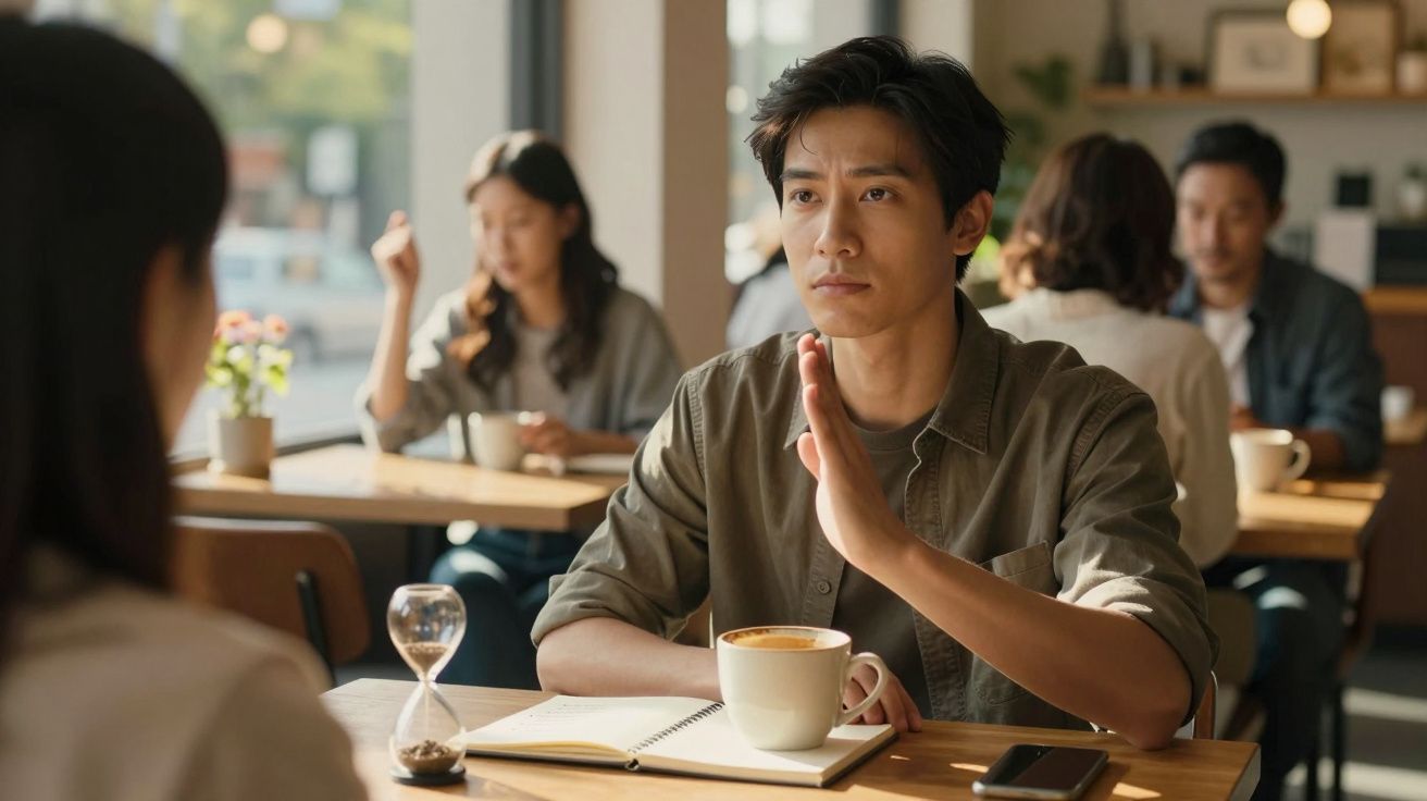 Homem num café gesticulando com a mão, com chávena de café e bloco de notas sobre a mesa. Pessoas desfocadas ao fundo.