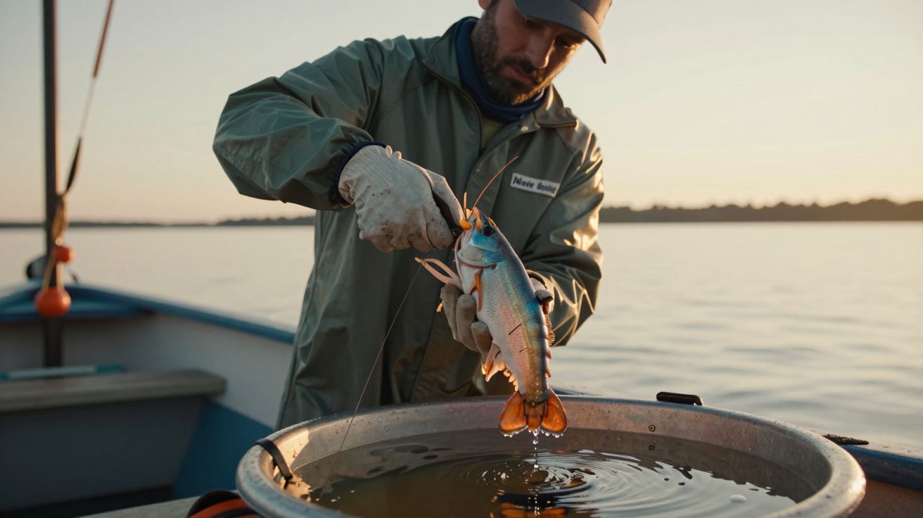 Homem em barco segura um peixe colorido sobre um balde, ao pôr do sol.