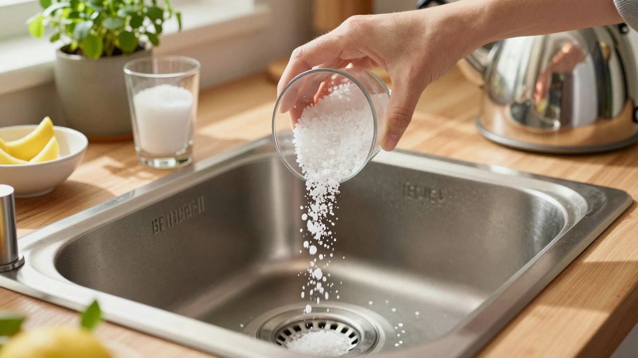 Mão a despejar sal grosso num lava-loiça de inox, com plantas e objetos ao fundo numa bancada de madeira.