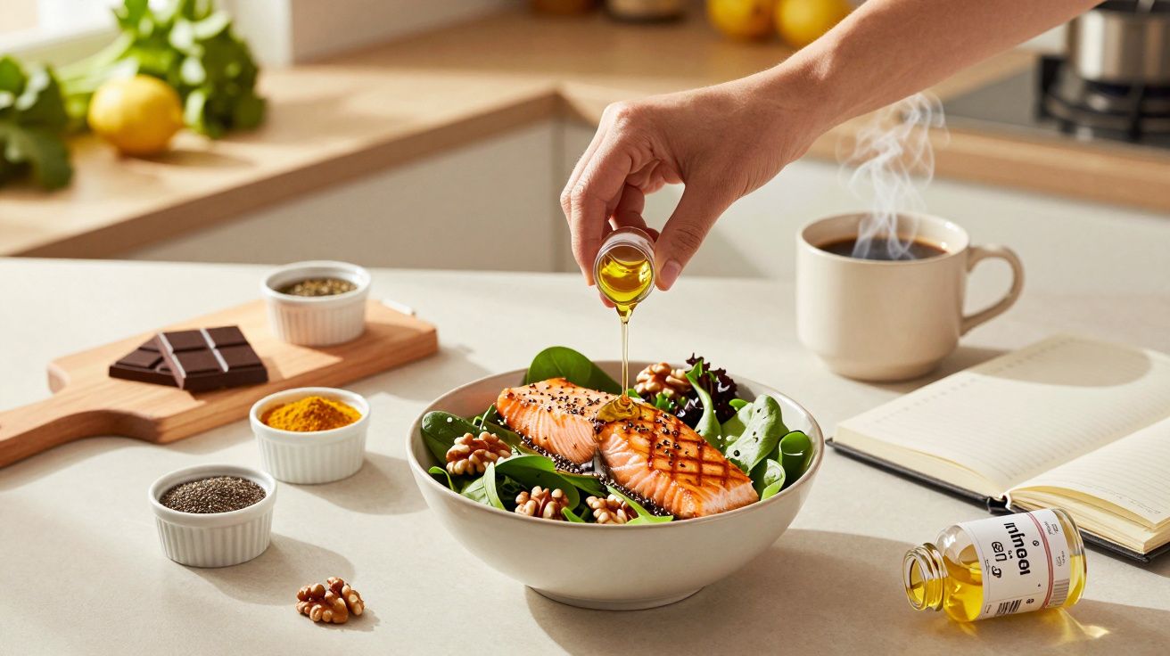 Mão a verter azeite sobre salmão grelhado em salada, acompanhada de noz, sementes e chávena de chá ao fundo.