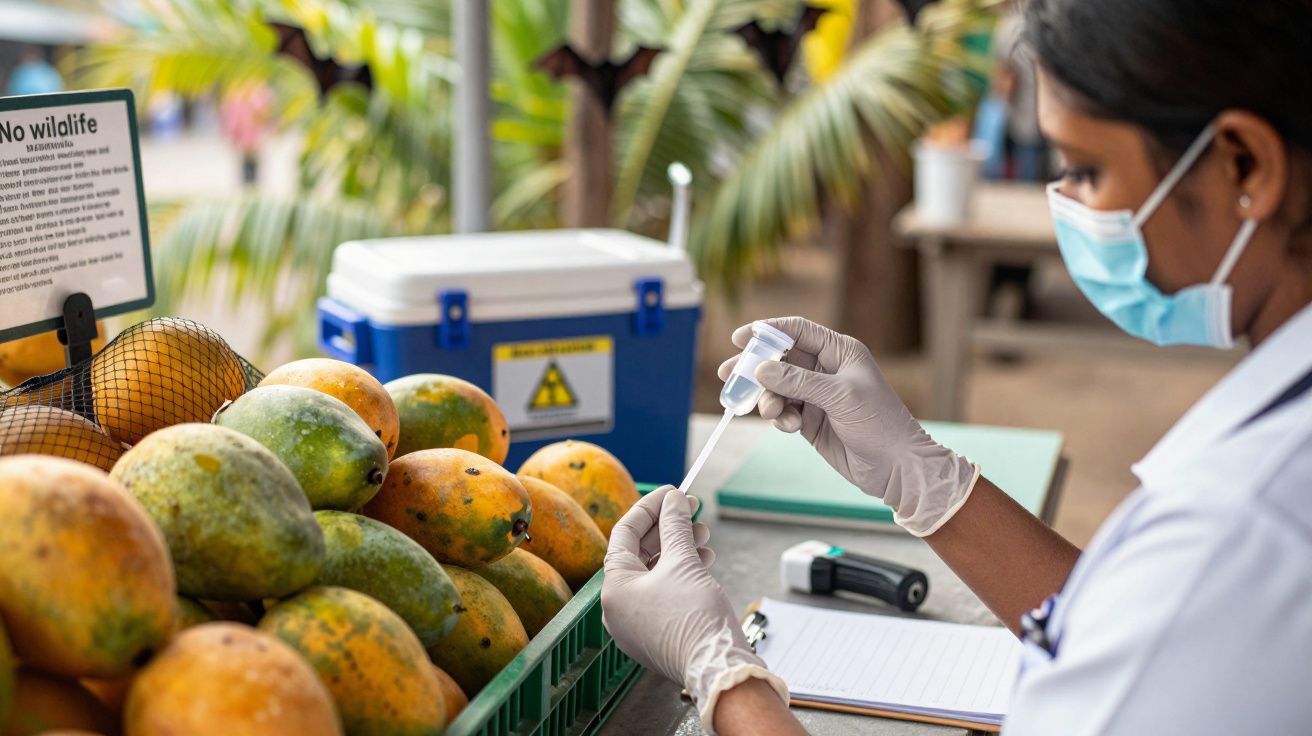 Pessoa de máscara e luvas testa amostras perto de mangas num mercado ao ar livre.