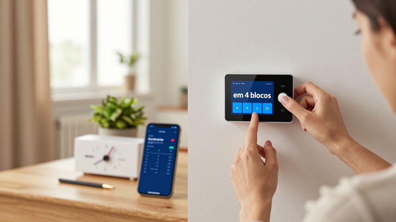 Pessoa ajusta termostato digital na parede; smartphone com app de controlo na mesa ao lado de plantas e relógio.