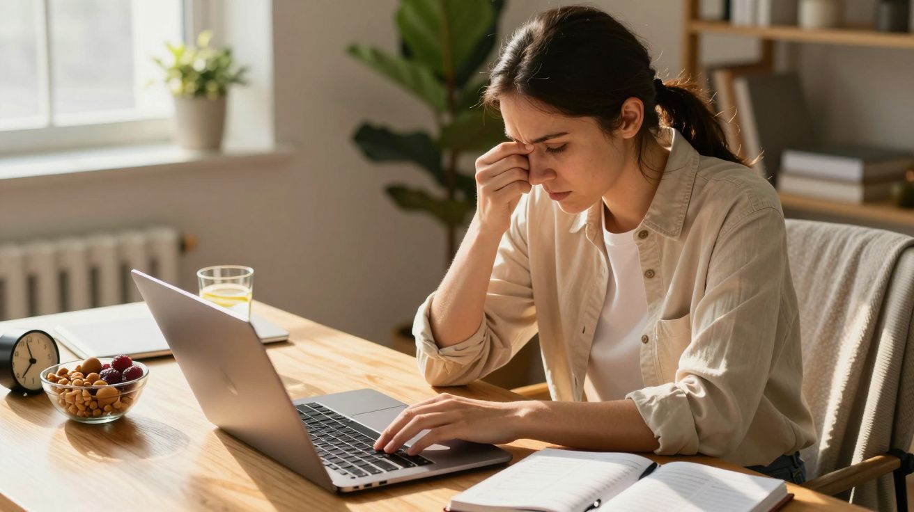 Mulher preocupada trabalhando no portátil, sentada à mesa com um caderno, pratos de comida e um copo de sumo.