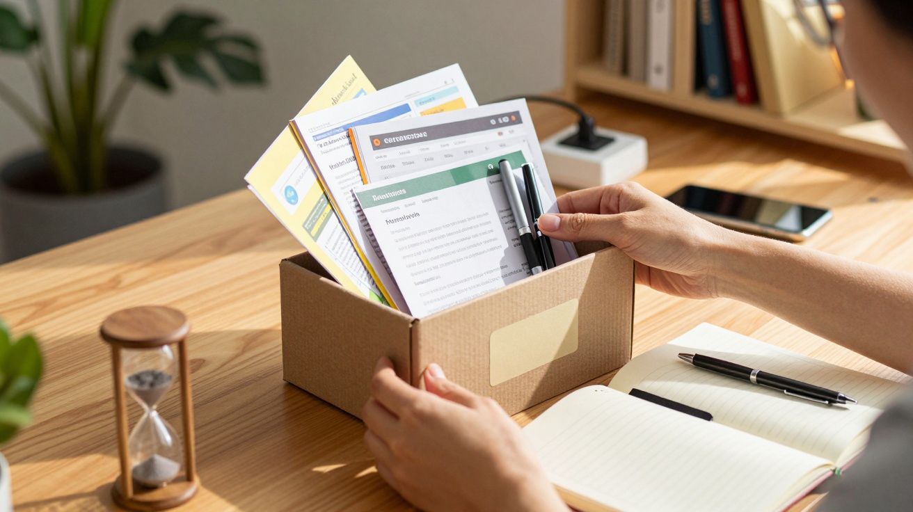 Pessoa organiza documentos de papel numa caixa de cartão sobre uma mesa de madeira, ao lado de um caderno e ampulheta.