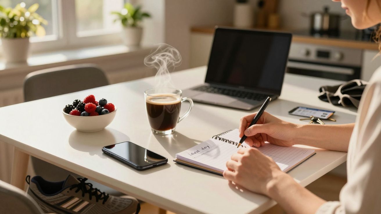 Pessoa anota num caderno em mesa com laptop, café fumegante e tigela de frutas.