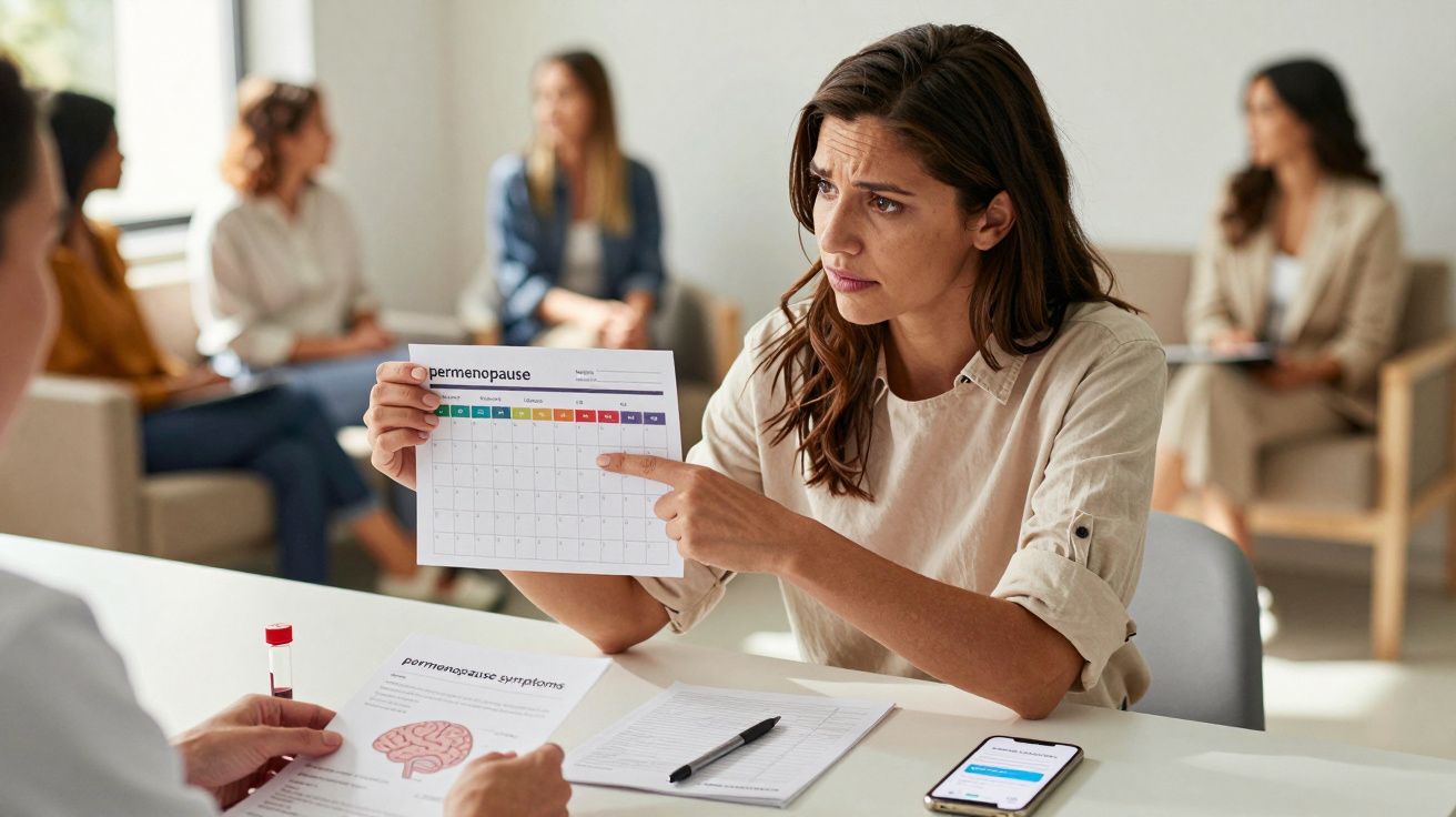 Mulher segura folha com calendário e aponta, em consulta médica. Outras pessoas ao fundo em sala de espera.