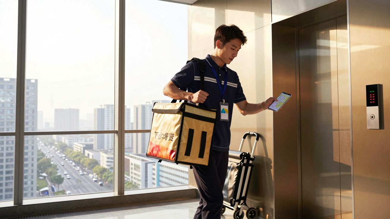 Homem de uniforme com saco de entrega e telemóvel, à espera do elevador em prédio moderno.