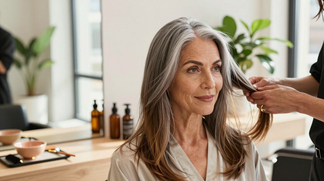 Mulher de cabelo grisalho a ser penteado num salão de beleza. Mesa com produtos de cabeleireiro ao fundo.