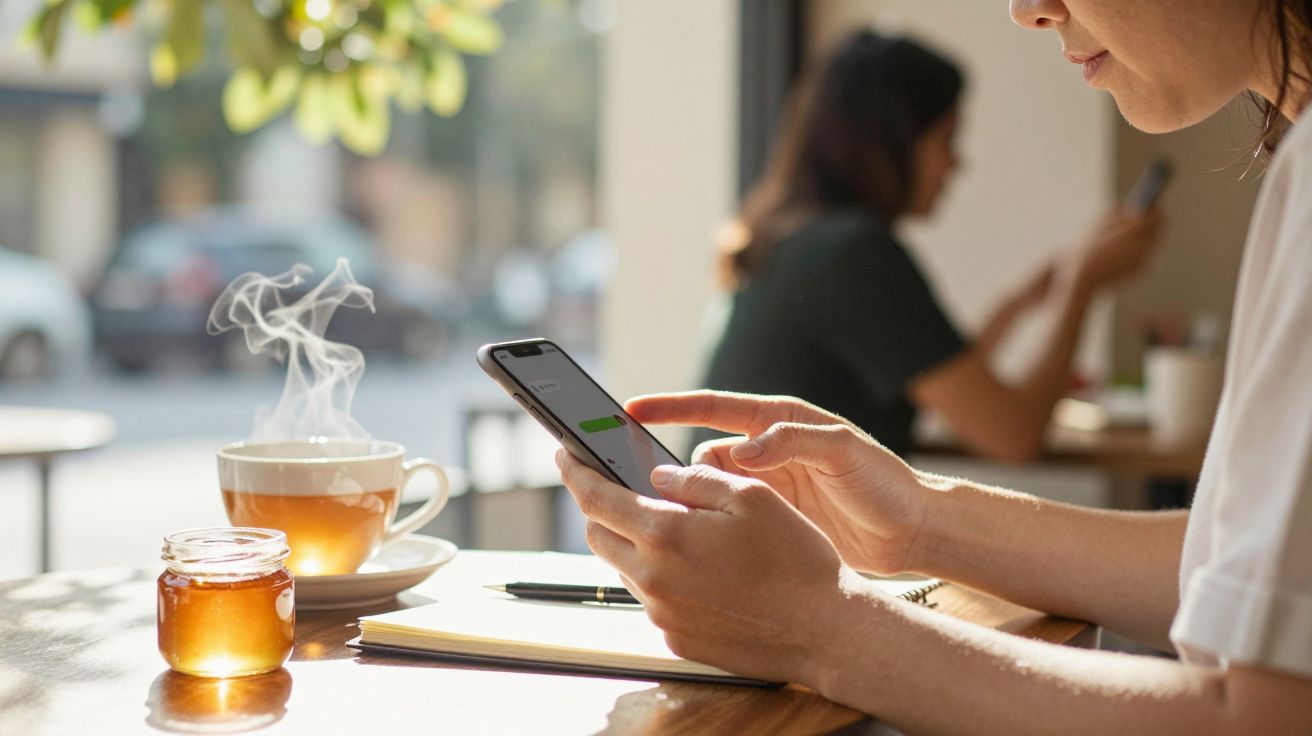 Pessoa com smartphone sentada numa mesa de café, com chá fumegante e frasco de mel ao lado. Ao fundo, outra pessoa ao telemóv