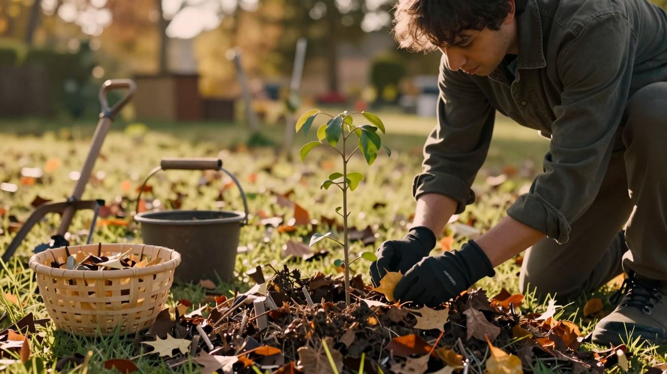 Homem a plantar uma árvore jovem num jardim durante o outono, rodeado por folhas caídas e ferramentas de jardinagem.