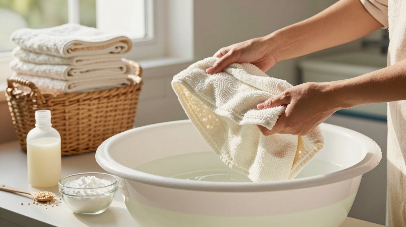 Mãos lavando pano branco numa bacia de água, com toalhas dobradas e produtos de limpeza ao lado.