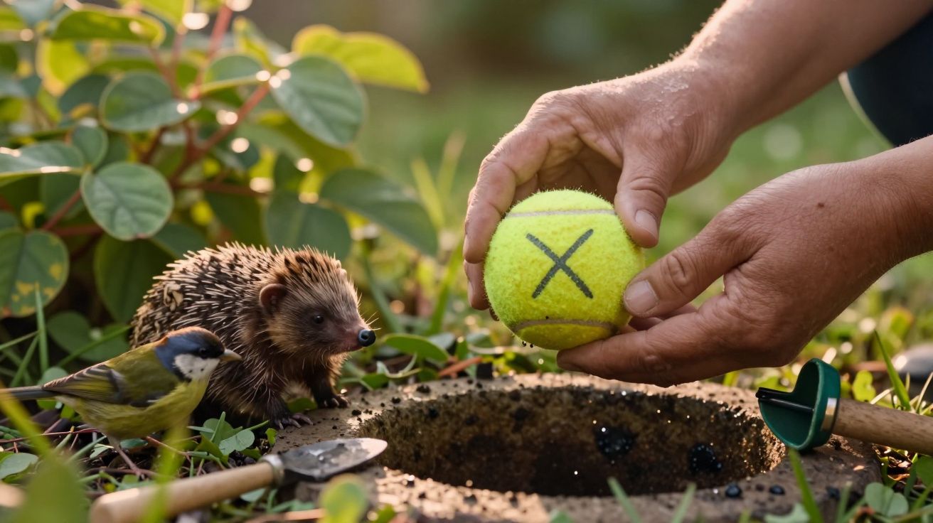 Mão a enterrar bola de ténis marcada com "X", ao lado de um ouriço e um pássaro num jardim.