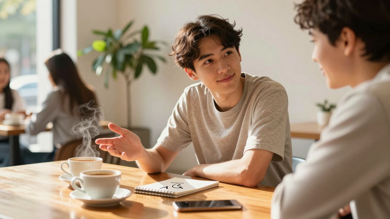 Homem e mulher conversam numa cafetaria, com chávenas de café e um caderno sobre a mesa.