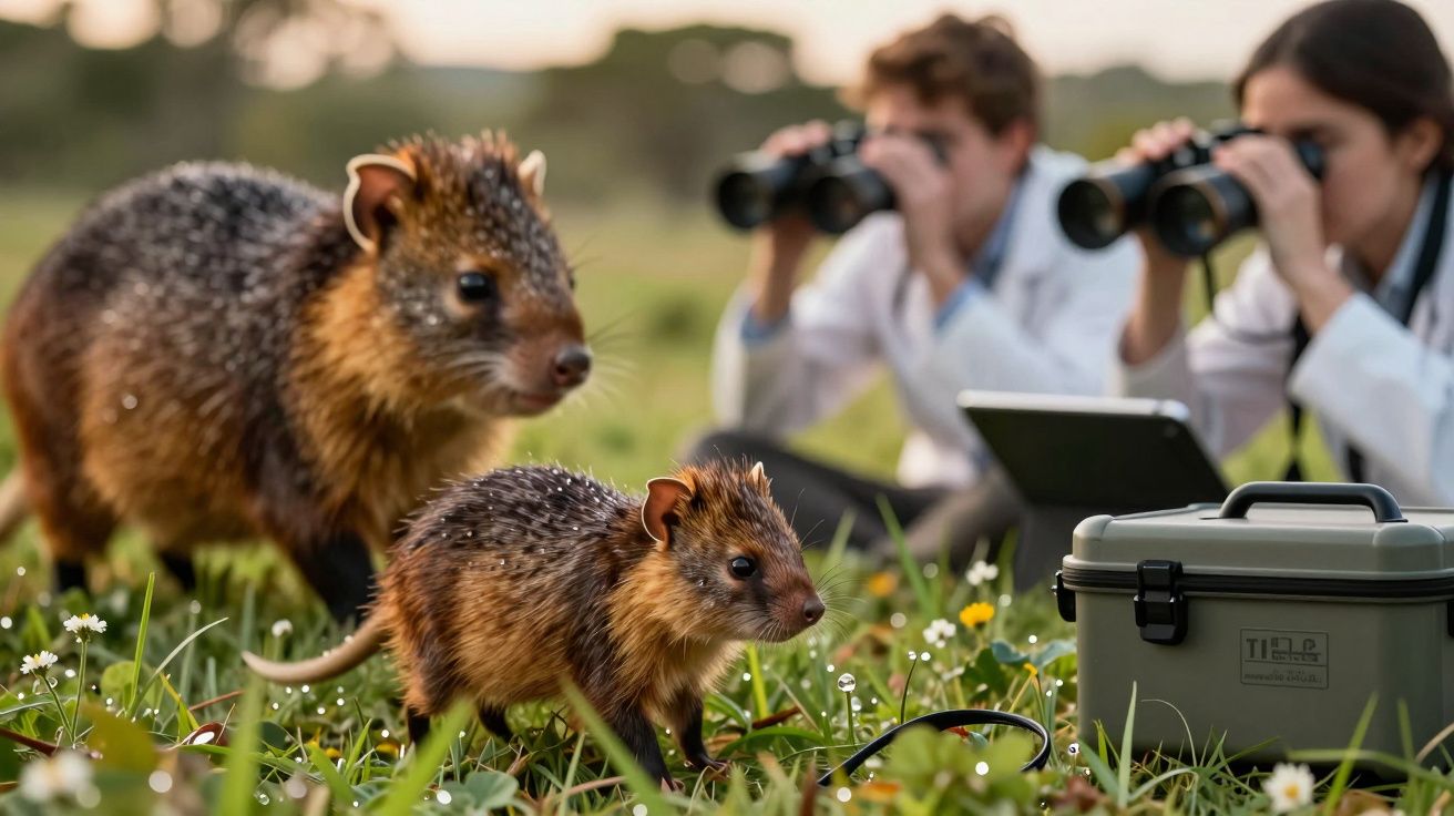 Dois cientistas observam pacas no campo com binóculos.