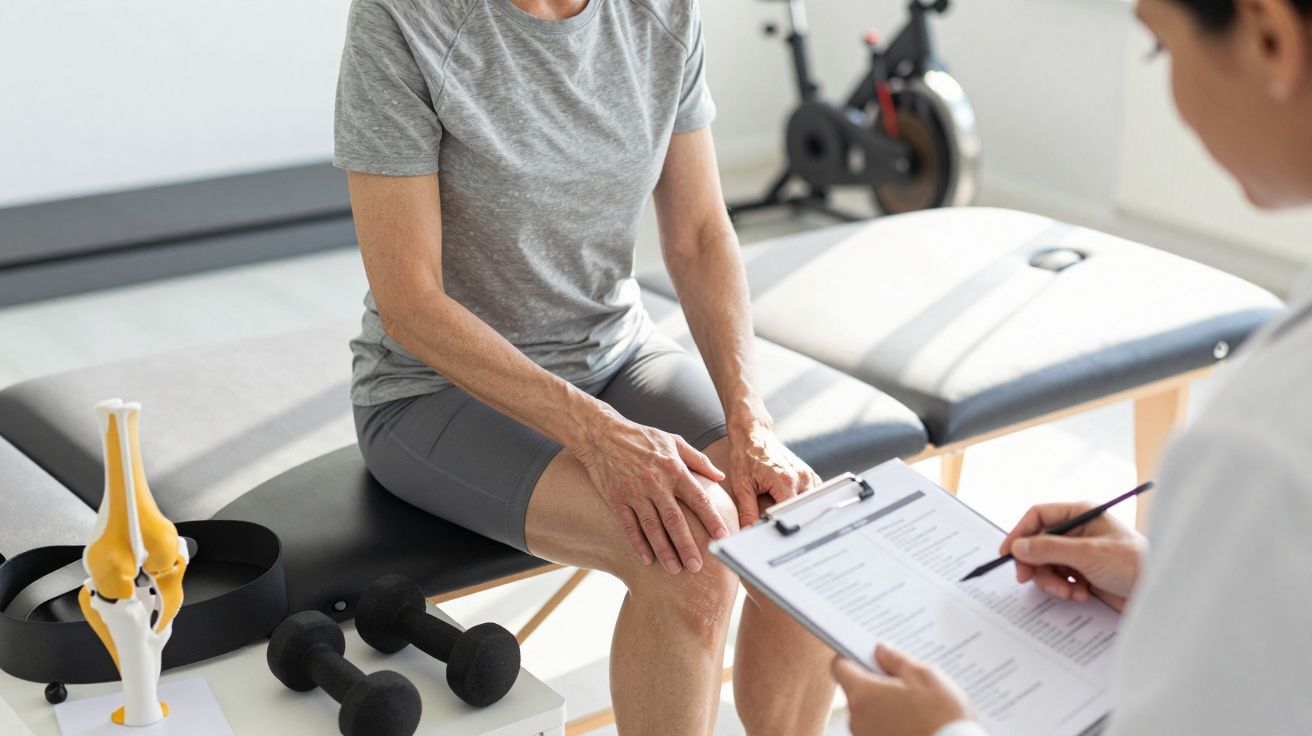 Pessoa idosa em consulta, sentada numa mesa de fisioterapia, ao lado de pesos e modelo anatómico do joelho.
