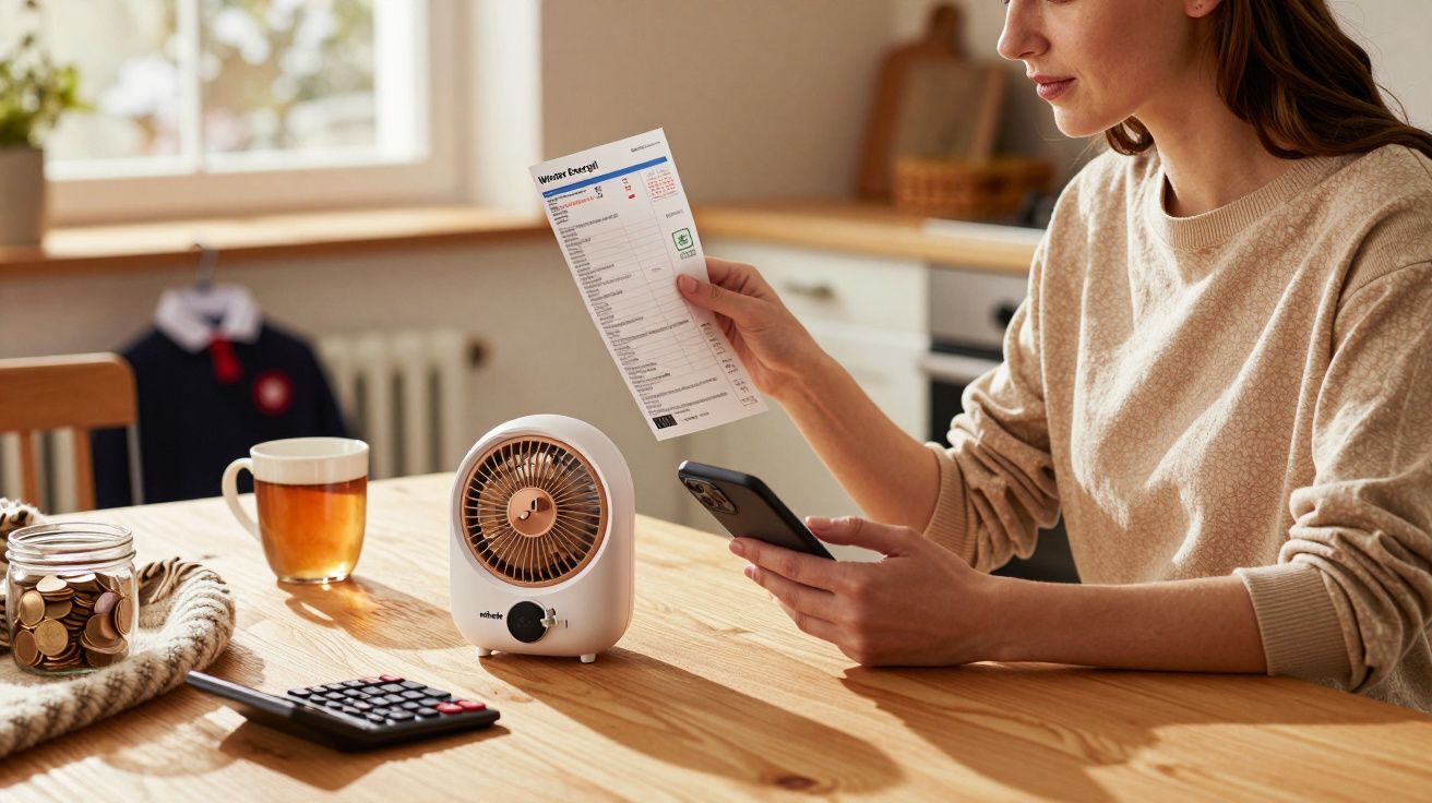 Mulher sentada à mesa descobre o smartphone, segurando uma fatura, com chá, aquecedor portátil, moedas e calculadora.