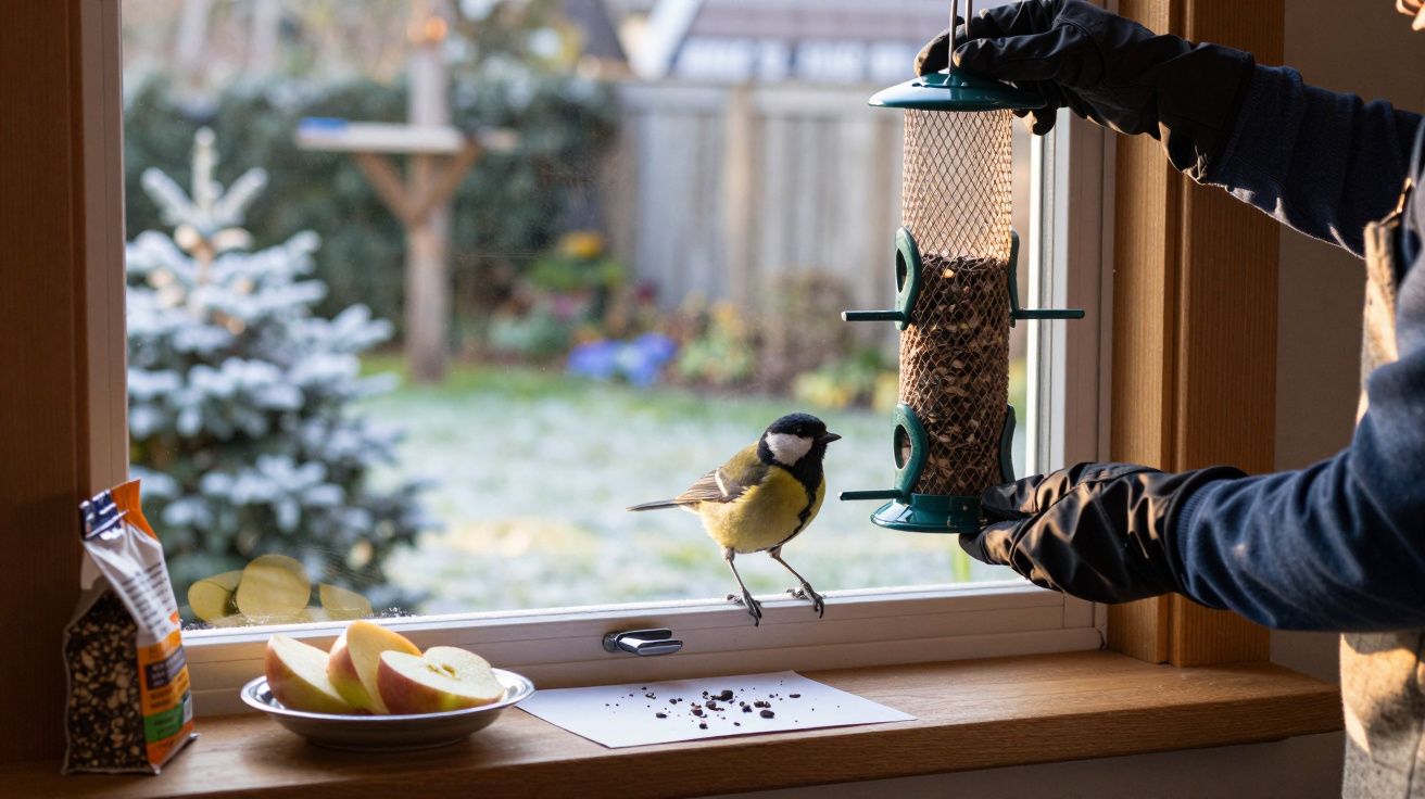 Pessoa a alimentar um chapim-real num comedouro na janela, com maçãs e sementes ao lado.