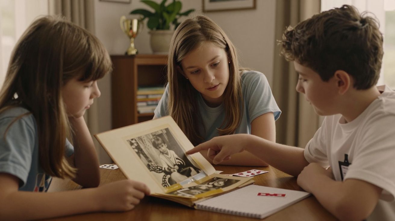 Três crianças observam fotos antigas num álbum, sentadas à mesa com expressões curiosas.