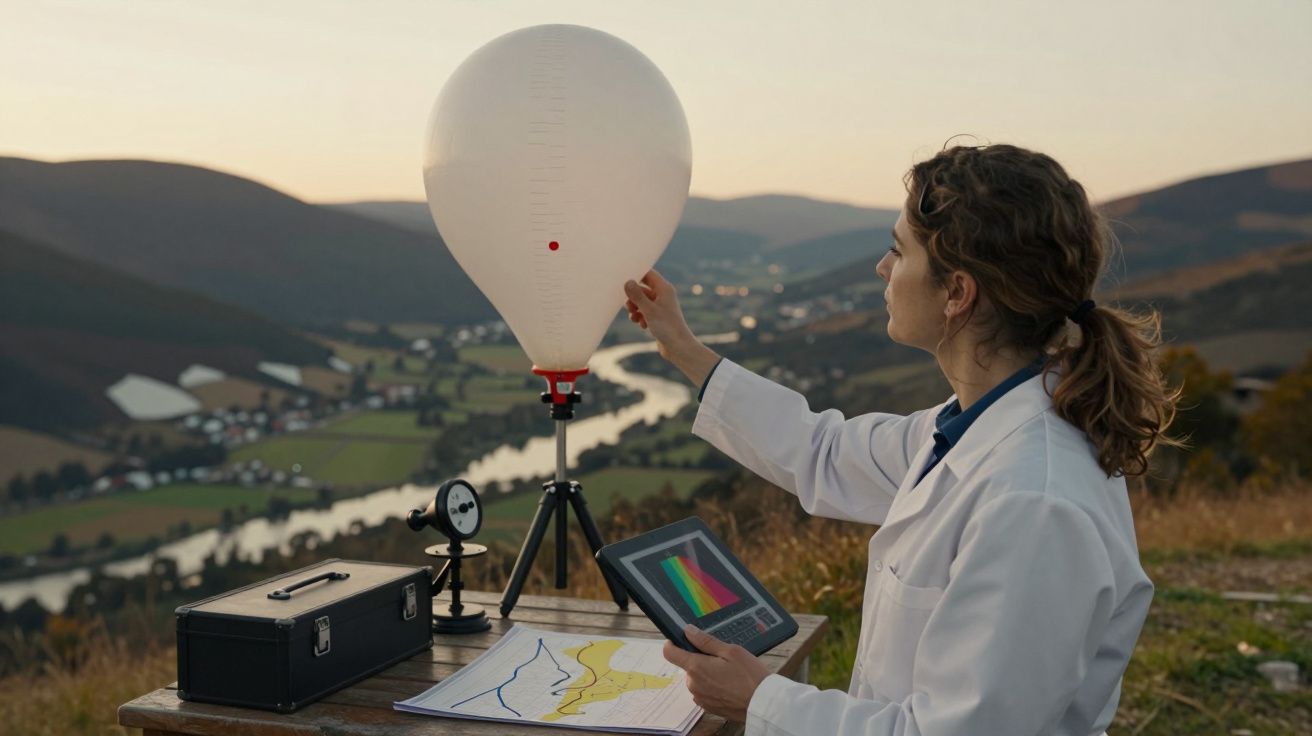 Cientista com balão meteorológico em colina, analisando dados em tablet, com mapa e equipamentos na mesa.