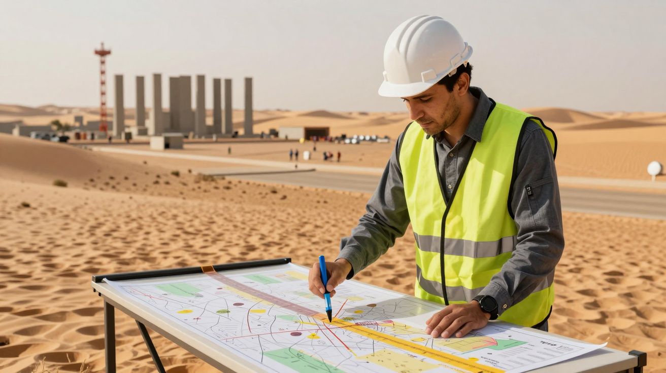 Engenheiro em capacete e colete reflete sobre mapa em mesa no deserto, com construção ao fundo.