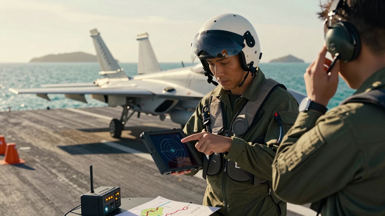 Piloto consulta tablet em porta-aviões, com avião ao fundo, junto a mar e ilhas. Outro homem usa fones de ouvido.