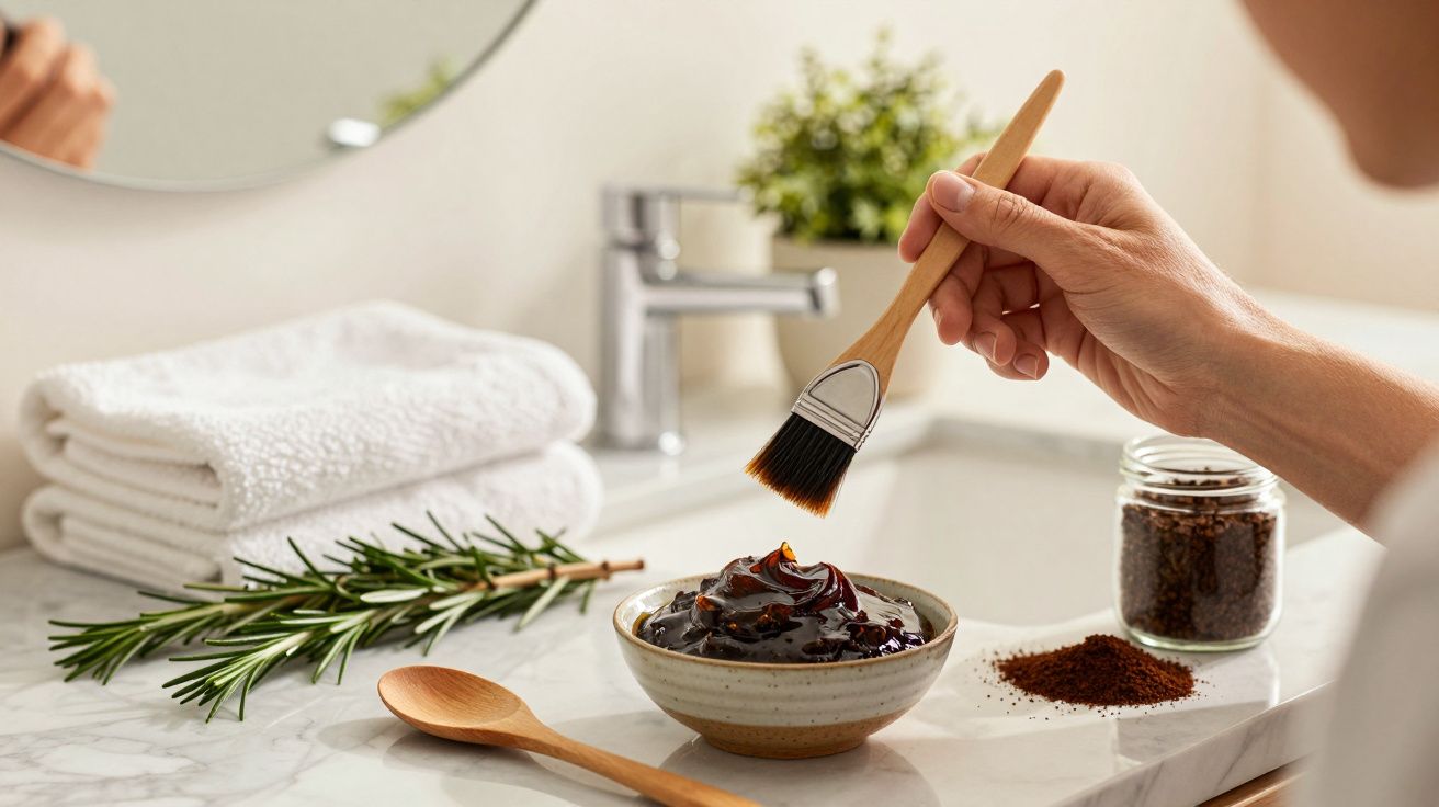 Mão segurando pincel sobre tigela com máscara facial caseira em bancada de casa de banho.