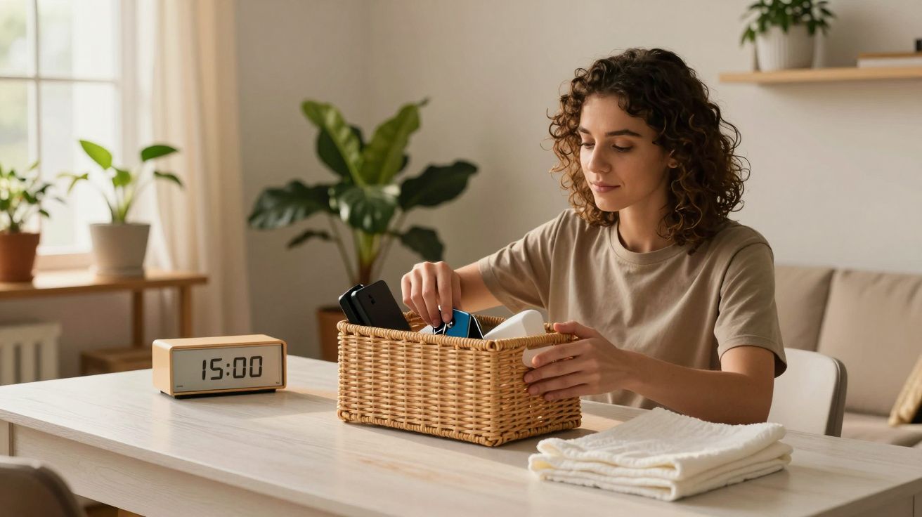 Mulher arruma um cesto de vime numa sala iluminada, com plantas ao fundo e um relógio que marca 15:00 na mesa.