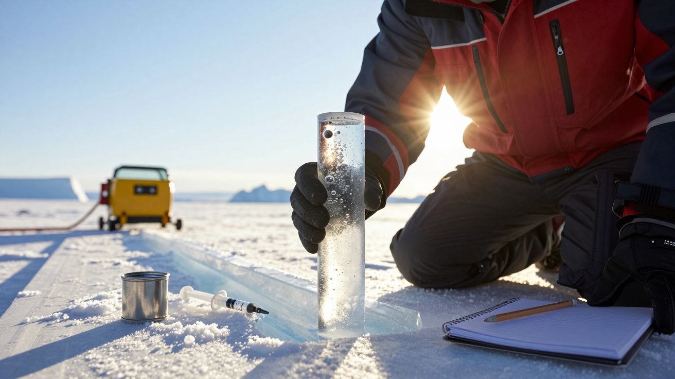 Investigador recolhe amostra de gelo polar ao sol, com equipamento e caderno ao lado.